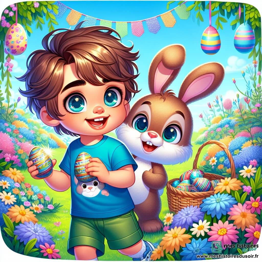 Lucas, un garçon de 8 ans aux cheveux châtains en bataille et aux yeux curieux, se tient dans un jardin coloré avec un grand sourire. Il porte un t-shirt bleu avec un lapin et un short vert, tenant un panier rempli d'œufs en chocolat colorés. À ses côtés, un lapin en peluche nommé Jules, aux oreilles longues, semble vivant et montre un œuf caché derrière un buisson fleuri. Le jardin est décoré de fleurs éclatantes, de guirlandes de papier et de lapins en peluche, créant une ambiance festive. Lucas découvre un œuf en chocolat brillant, riant avec Jules, prêt à continuer sa chasse aux œufs.