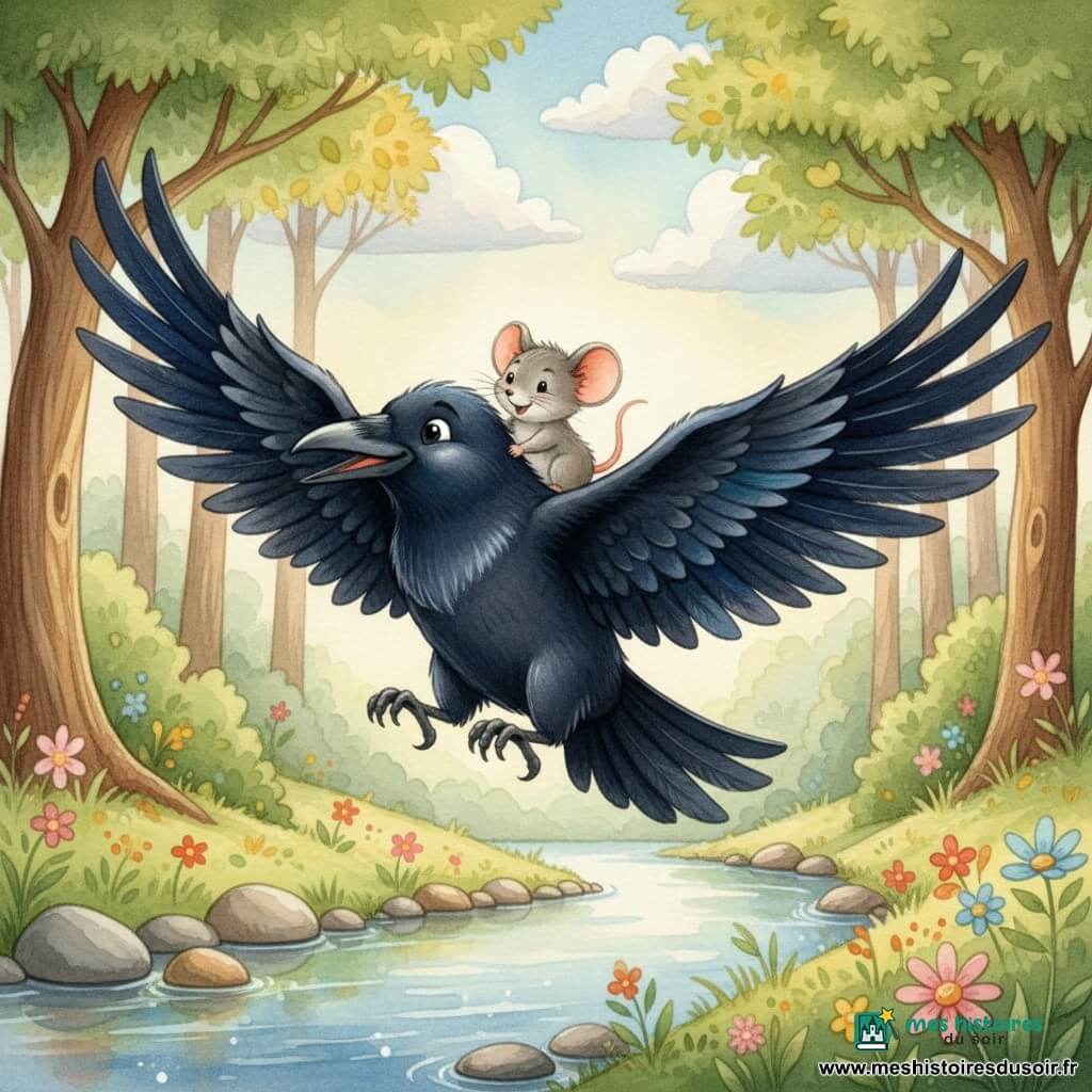Un corbeau noir lustré aux reflets bleutés, ailes déployées et regard doux, porte délicatement sur son dos Mimi, une petite souris grise aux yeux ronds et confiants, tandis qu'ils survolent un ruisseau scintillant bordé d'arbres verts et jaunes et de fleurs colorées, sous une douce lumière matinale aux tons pastel, ambiance aquarelle tendre et rassurante.