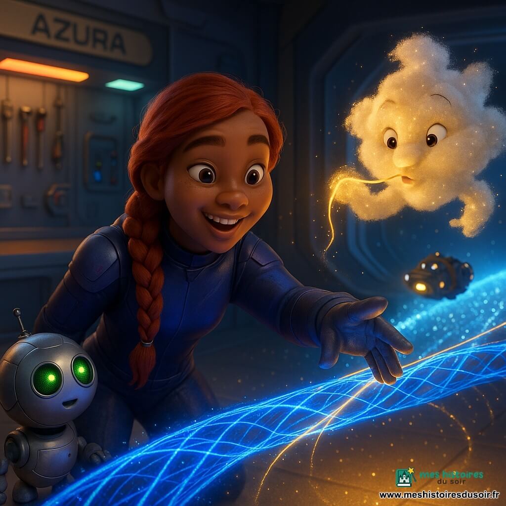 Nova, jeune femme inventive au regard concentré et doux, cheveux roux en longue natte, en combinaison spatiale bleu nuit à reflets violets, tend la main gantée vers une liane d'énergie bleue qu'elle tisse en passerelle lumineuse; Bibi, petit robot boule argenté aux yeux LED verts, roule près de ses pieds et clignote d'admiration en surveillant les instruments; le Brumeur, créature de nuages scintillants et de poussière d'étoiles dorée, flotte à côté de la passerelle en soufflant un fil d'or, d'allure joueuse et bienveillante; en arrière-plan, l'atelier de la base Azura avec murs métalliques lisses, panneaux lumineux multicolores, outils suspendus et un couloir subspatial brillant comme une rivière de diamants; la scène montre Nova renforçant une passerelle d'énergie bleue et dorée tandis qu'un petit vaisseau marchand lumineux approche, éclairages contrastés — lueur froide bleue de la passerelle, reflets chauds dorés, particules scintillantes — angle dynamique en plan moyen rapproché, rendu 3D lisse, textures brillantes et détails enfantins.