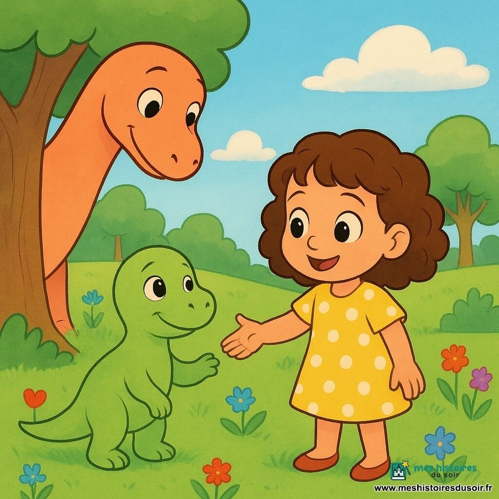 Une fillette de 4 ans, cheveux châtains bouclés, robe jaune à pois blancs, souriante et émerveillée, tend la main pour rassurer un petit dinosaure vert clair aux yeux ronds qui passe de tristes à joyeux et lui colle la patte; derrière, une grande mère dinosaure saumon au regard bienveillant se tient près d’un arbre à gauche; prairie ensoleillée avec herbe, fleurs colorées et grands arbres sous un ciel bleu; scène tendre où la fillette aide le petit dinosaure à retrouver sa maman dans une ambiance chaleureuse et sûre.