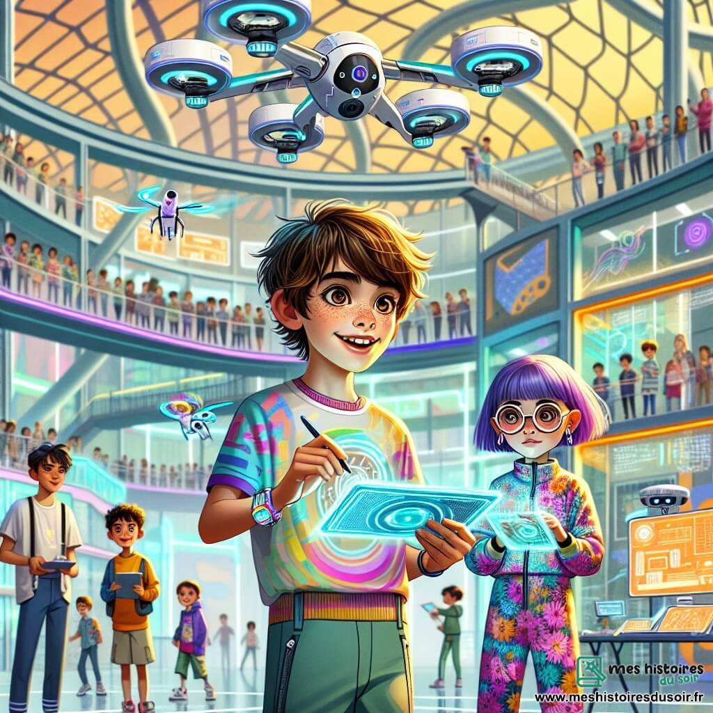 Un garçon de 12 ans, Maxime, aux cheveux bruns en bataille et aux yeux curieux, se tient au centre de la scène, souriant. Il porte un t-shirt coloré et un short, tenant un prototype de purificateur d'air, émerveillé par un drone volant au-dessus de lui. À ses côtés, Lila, une fille de 11 ans aux cheveux violets et lunettes rondes, observe le drone avec concentration, vêtue d'une combinaison futuriste à motifs floraux et prenant des notes sur une tablette holographique. La scène se déroule dans la Fabrique des Idées, un grand bâtiment en verre rempli de machines brillantes et de jeunes inventeurs. Maxime et Lila, entourés de camarades, présentent leur purificateur d'air tandis que le drone collecte des données, créant une atmosphère dynamique et inspirante.