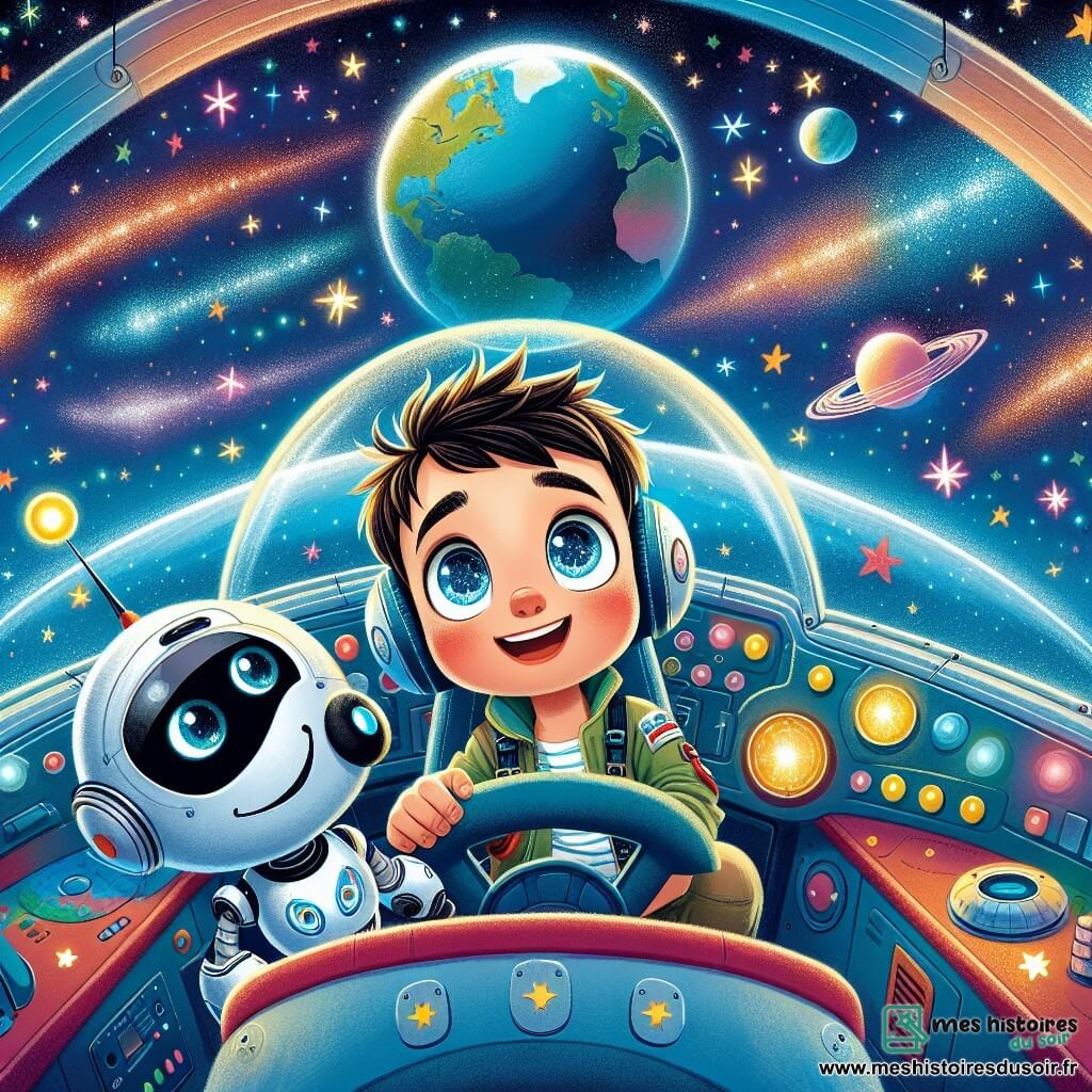Maxime, un homme aux cheveux bruns et aux yeux curieux, est assis dans le cockpit de son vaisseau spatial, L’Étoile Voyageuse. Il affiche une expression d’émerveillement en regardant les étoiles scintillantes à travers le hublot. À ses côtés, Pipo, un robot amical avec un corps argenté et des yeux lumineux, observe avec enthousiasme. Le vaisseau est entouré d'un ciel étoilé, avec des planètes colorées et des nébuleuses brillantes. En arrière-plan, la Terre apparaît comme une petite boule bleue et verte. Maxime et Pipo décollent vers l'infini, prêts pour une aventure spatiale incroyable, entourés d'étoiles symbolisant l'excitation et la promesse de découvertes.