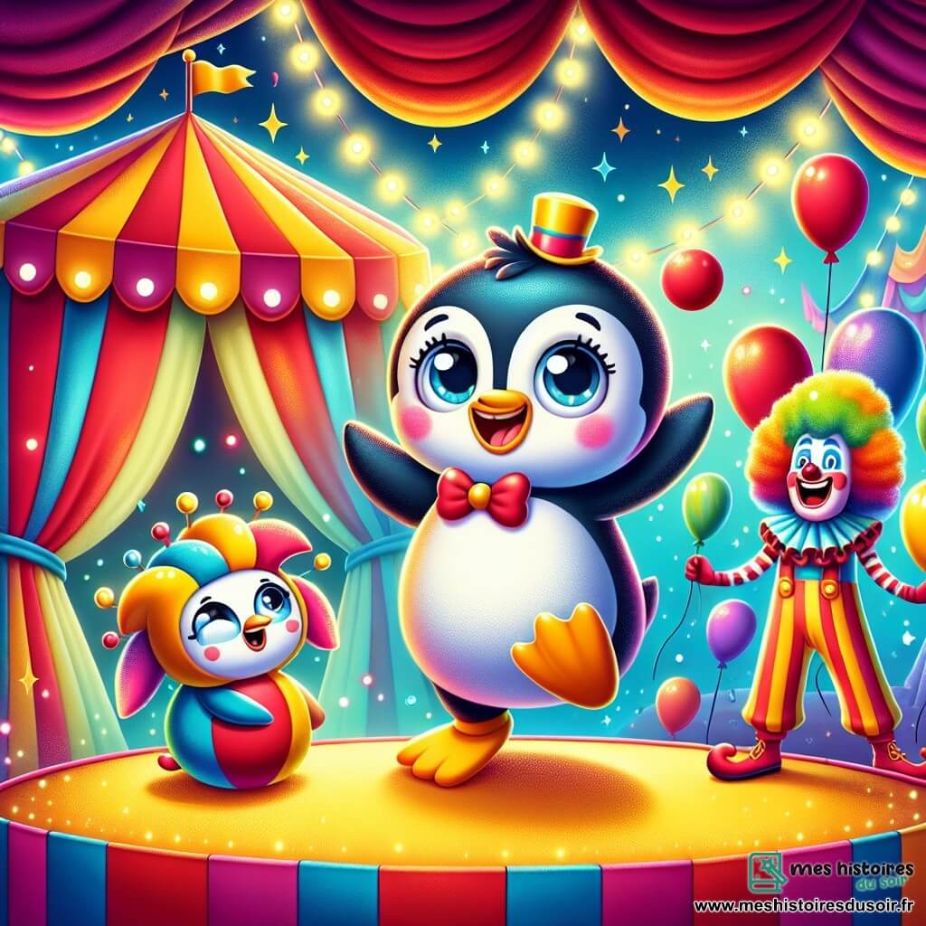 Un petit pingouin nommé Pipo, rond et mignon, avec un ventre blanc et un bec jaune, saute de joie au centre d'un chapiteau de cirque. Ses yeux brillent d'excitation alors qu'il tient un ballon rouge dans ses nageoires. À côté de lui, Zozo le clown, avec son grand nez rouge et ses cheveux multicolores, rit en jonglant avec des pommes. Il porte un costume à rayures jaunes et rouges. En arrière-plan, Lili la funambule, en robe scintillante, marche sur un fil, ses plumes colorées flottant autour d'elle. Le chapiteau est rempli de couleurs vives et de lumières scintillantes, créant une ambiance joyeuse. La scène montre Pipo s'amusant avec ses amis dans une atmosphère magique et festive.