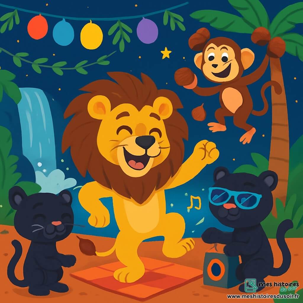 Un lion doré, avec une crinière touffue et un grand sourire, danse sur une piste improvisée, entouré de guirlandes de feuilles et de ballons colorés. À ses côtés, une panthère noire avec des lunettes de soleil joue de la musique, tandis qu'un singe espiègle grimpe à un palmier et lance des noix de coco en riant. La scène se déroule sous un ciel étoilé près d'une cascade scintillante, où les animaux de la jungle se rassemblent pour une fête joyeuse, pleine de rires et de couleurs.