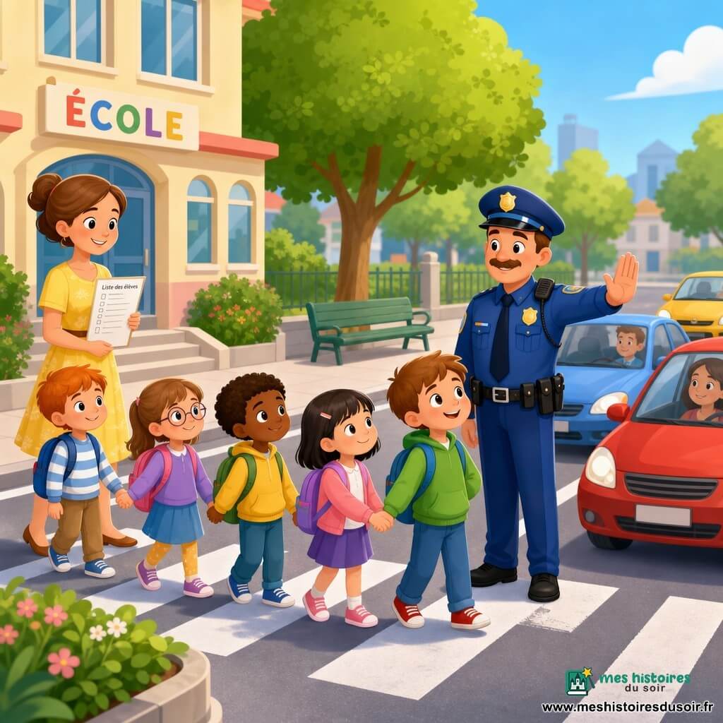 Un policier souriant et bienveillant, visage rond et petite moustache, en uniforme bleu et casquette, lève la main pour arrêter les voitures et guide la traversée ; Timéo, environ 6 ans, cheveux châtain clair et regard curieux, tient la main du camarade et ferme la file, la maîtresse Madame Dupont (30–40 ans) en robe jaune, cheveux attachés, sourit en tenant la liste des élèves juste derrière la file, plusieurs enfants (5–7 ans) en file indienne portant des vêtements colorés et des cartables pastel se tiennent la main sur un passage piéton bien marqué devant une école aux murs crème et grandes fenêtres, voitures arrêtées, arbres verts et banc en arrière-plan, atmosphère ordonnée, joyeuse et sécurisée.