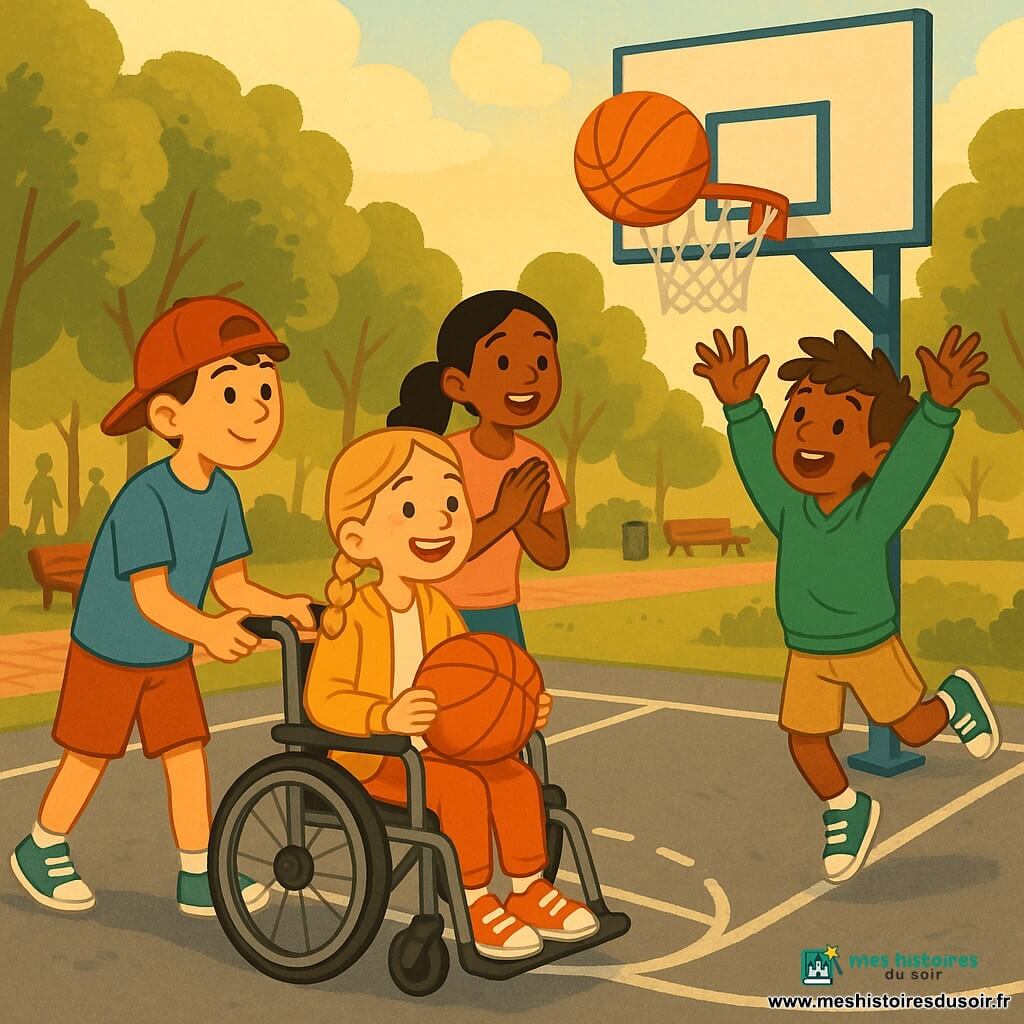 Quatre enfants sur un terrain de basket extérieur : Emma, 11 ans, cheveux blonds tressés, en fauteuil roulant gris, vient de marquer en lançant un ballon orange dans le panier; Tom, 12 ans, cheveux bruns courts, casquette rouge à l’envers et t-shirt bleu, la pousse en souriant et penché vers elle; Lucas, 11 ans, cheveux châtains ébouriffés en sweat vert, saute bras tendus pour célébrer; Sophie, 12 ans, cheveux noirs en queue et t-shirt rose pâle, se tient derrière en applaudissant, tous joyeux dans une scène dynamique sur un sol en enrobé gris, panier métallique avec planche bleue, arbres en arrière-plan et lumière dorée d’après-midi.