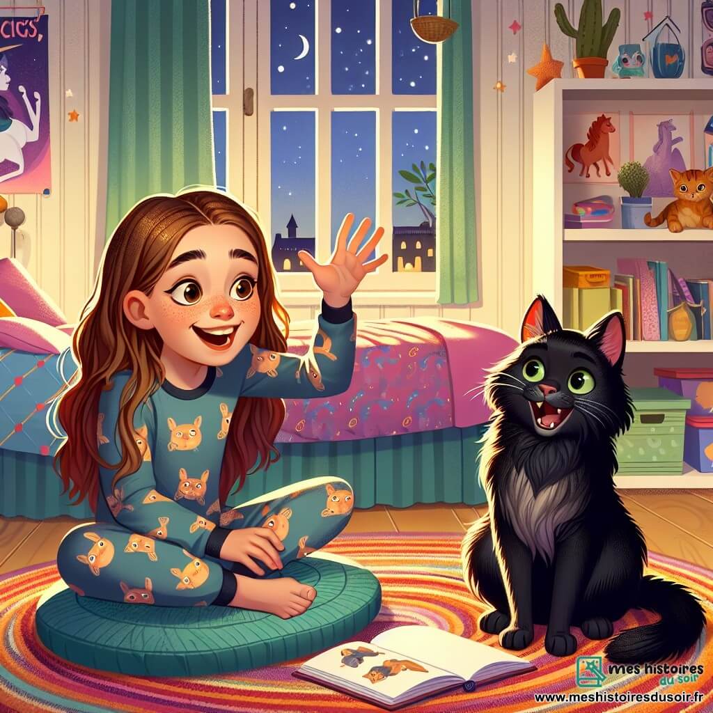 Une fille de 11 ans, Zoé, avec de longs cheveux châtains et des yeux curieux, est assise sur un tapis coloré dans sa chambre. Elle porte un pyjama à motifs de chats et sourit, émerveillée, en écoutant son chat noir, Tigris, qui raconte une histoire amusante. La chambre est chaleureuse, ornée de posters de licornes et de planètes, avec un lit douillet et des jouets éparpillés. Zoé, captivée par le récit de Tigris, rit en imaginant des biscuits étranges et des chiens en débat, créant une atmosphère joyeuse et magique.