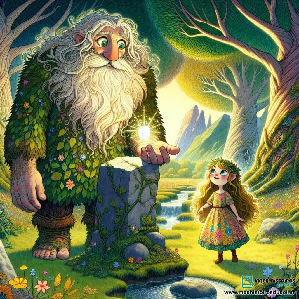 Balthazar, un géant au sourire doux, se tient au centre d'une clairière enchantée, avec une barbe couleur de mousse et des yeux brillants. Il admire une pierre étincelante sur un piédestal. À ses côtés, Lila, une petite fille de sept ans aux cheveux dorés, porte une robe colorée et se prépare à défendre la lumière contre l'ombre. La clairière est entourée d'arbres géants et de fleurs éclatantes, tandis qu'un ruisseau serpente à proximité. Balthazar et Lila font face à un nuage sombre, représentant le Gardien des Ombres. Lila avance courageusement, encouragée par le regard protecteur de Balthazar, créant une atmosphère de tension et d'espoir.