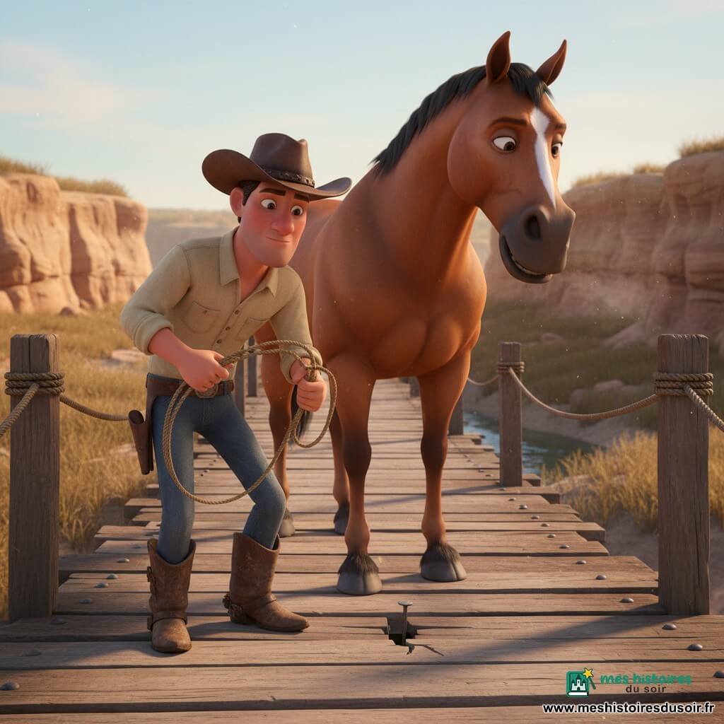Tom, un jeune homme au visage rougi par le soleil en chemise beige et chapeau de cow-boy, penché sur une planche fendue d’un pont en bois en tenant une corde et une cale, avec son cheval brun Rio juste derrière lui posant prudemment une patte sur une planche qui craque ; scène en milieu de journée, ciel pâle, poussière dorée, falaises ocres et rivière brillante en dessous, cadrage rapproché en légère contre-plongée, ambiance chaleureuse ocre/brun/bleu pâle, rendu 3D doux et convivial aux traits arrondis et détails réalistes.