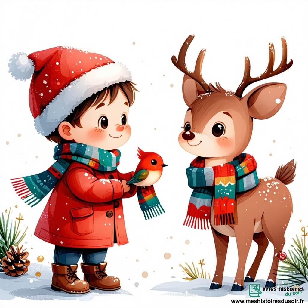 Un petit garçon de 3 ans, Léo, avec des joues roses et des yeux pétillants, porte un manteau rouge et un bonnet en laine. Il sourit, émerveillé par Noël, tout en tenant une écharpe qu'il a donnée à un oiseau. À ses côtés, un renne magique nommé Flocon, avec un pelage brun et un nez rouge, se tient sur ses pattes arrière, regardant Léo avec tendresse. Le décor est un parc féerique, recouvert de neige scintillante, avec des sapins décorés et des flocons tombant du ciel. La scène montre Léo et Flocon partageant un moment de tendresse, illustrant la magie de Noël et l'esprit de partage.