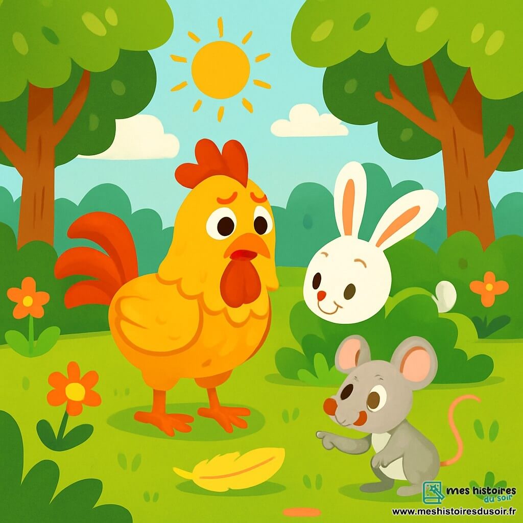 Un coq aux plumes dorées se tient au centre de la clairière, inquiet et déterminé, cherchant sa plume perdue. À côté, un petit lapin aux grandes oreilles blanches, curieux, regarde sous un buisson. Un peu plus loin, une souris grise, avec un petit nez rose, pointe vers l'herbe, enthousiaste. La clairière est entourée d'arbres verts aux feuilles brillantes et de fleurs colorées. Le soleil brille à travers les branches, créant des ombres douces. Le coq et ses amis cherchent ensemble la plume dorée, pleins d'espoir et d'amitié.