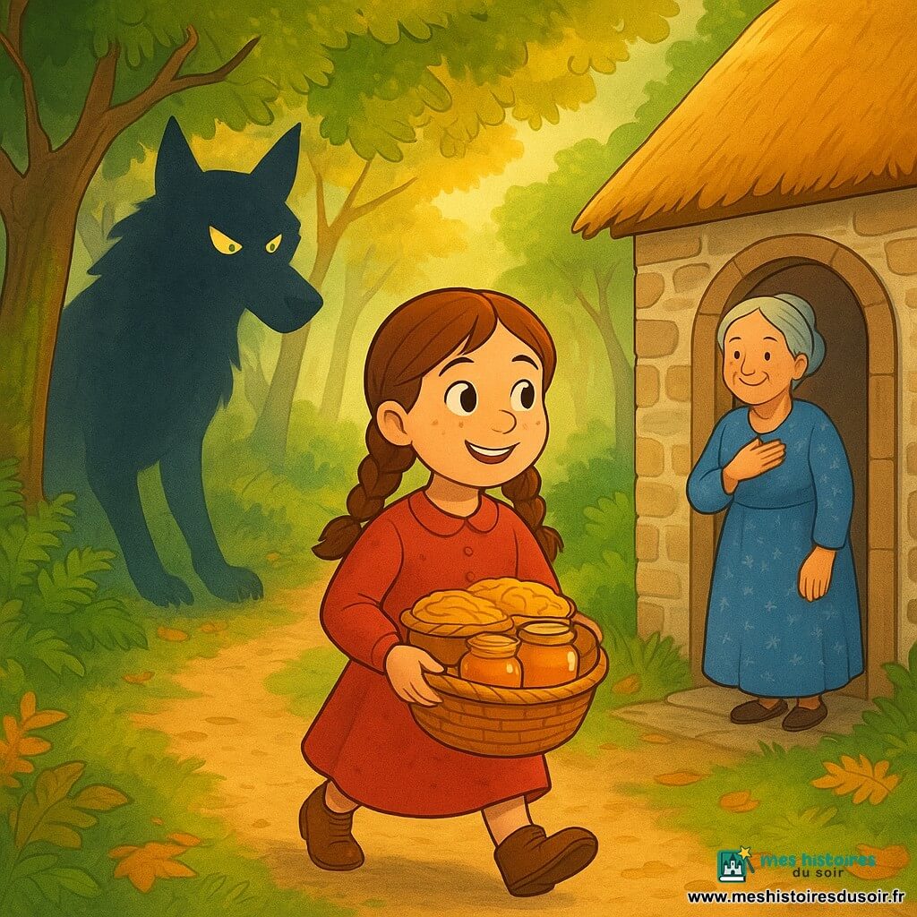 Éloïse, 10 ans, visage rond et tâches de rousseur, cheveux bruns en deux nattes, yeux noisette, expression soulagée et fière, arrive triomphante sur un sentier forestier lumineux, tenant un panier d'osier rempli de tartes et de pots de miel ; à gauche, un grand loup sombre aux reflets bleutés, yeux jaunes, se dissout en ombre derrière un vieux chêne, griffes rentrées et posture vaincue ; à droite, la grand-mère d'environ 70 ans, cheveux gris en chignon, peau ridée douce, robe bleue à petits motifs, debout sur le pas d'un cottage en pierre au toit de chaume, main sur le cœur et sourire chaleureux, accueille Éloïse sous des rayons de soleil filtrant entre arbres moussus et fougères, ambiance sécurisante.