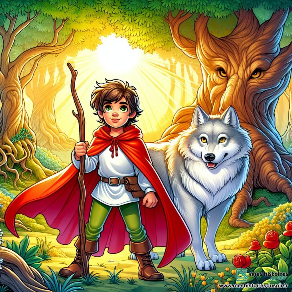 Un garçon de 10 ans, aux cheveux châtains et aux yeux curieux, se tient au centre d'une clairière. Il porte une cape rouge et tient un bâton en bois qu'il appelle « Excalibur ». Son visage exprime détermination et excitation. À ses côtés, un grand loup argenté, majestueux, se tient fier, sa fourrure brillant au soleil. La clairière est illuminée, entourée d'arbres aux troncs tordus, avec un vieux chêne en arrière-plan. Le garçon et le loup partagent un moment de complicité, prêts à affronter ensemble les mystères de la forêt, symbolisant l'amitié et le courage.