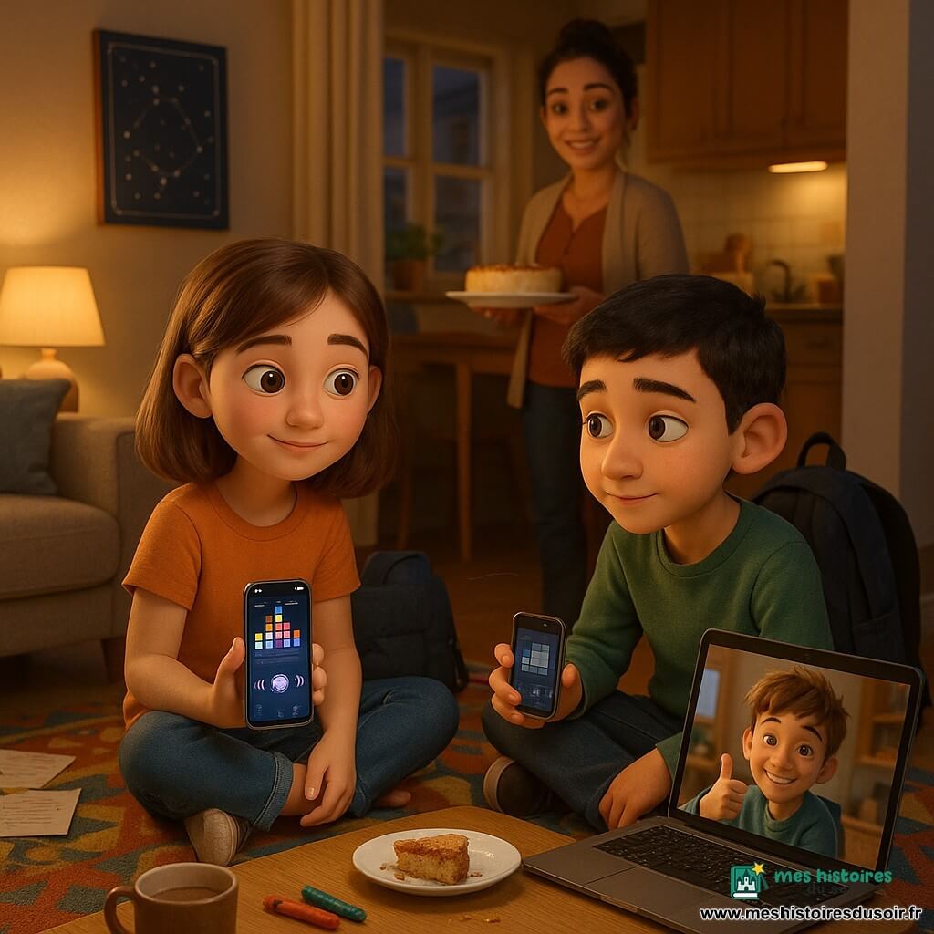 Fille de 12 ans, Inès : regard attentif et sourire doux, cheveux châtains mi-longs, assise sur un tapis coloré tenant un téléphone avec une playlist et ondes sonores ; garçon ~12 ans, Amir : timide mais apaisé, peau olive, cheveux noirs courts, assis à côté d’elle, penché vers elle, tient un petit téléphone, sac à dos derrière lui ; garçon ~12 ans, Tom : expression taquine visible sur l’écran d’un ordinateur en appel vidéo depuis une autre pièce, fait un pouce levé ; femme adulte (mère) Samira : trentaine-quarantaine, peau olive, cheveux relevés, souriante en arrière-plan dans la cuisine tenant un gâteau au yaourt ; lieu : petit salon lumineux et chaleureux avec tapis à motifs, lampe créant un cercle de lumière chaude, table basse en bois clair, affiche de constellations, feuilles et crayons éparpillés, fenêtre sur une rue tranquille ; situation : partage de musique et de mots, les enfants préparent une playlist en riant doucement, ambiance intime et coopérative, détails visibles : icônes de lecteur audio, ondes sonores colorées, tasse de chocolat chaud fumante, miettes de gâteau ; style visuel : rendu 3D doux et coloré, textures mates, personnages expressifs aux yeux larges, éclairage chaud et composition centrée sur le cercle de lumière et les deux enfants voisins.