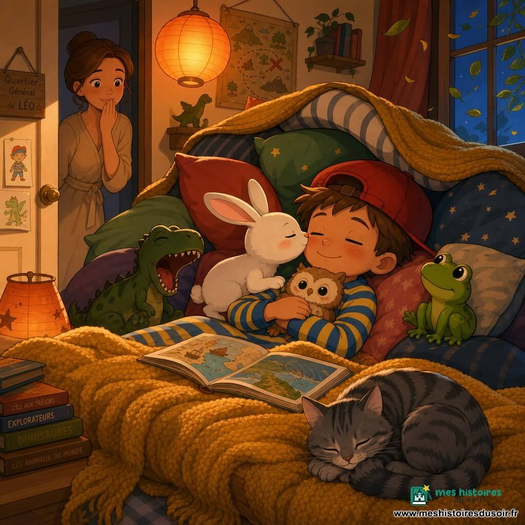 Léo, 8 ans, souriant et apaisé, yeux mi-clos et casquette rouge sur le front, est allongé sur une montagne de coussins en pyjama rayé bleu et jaune, serre une chouette en peluche contre sa poitrine; sa mère, en robe beige, le regarde tendrement depuis l'encadrement de la porte, main sur la bouche; autour de lui une grenouille verte, un dinosaure vert foncé et un petit lapin qui lui fait un bisou sur le nez, tandis qu'un chat tigré du voisin est roulé en boule au pied du lit; la chambre, chaleureuse et cocooning, affiche des murs pastel, une couverture moutarde, un tunnel de coussins formant un fort, une lampe en papier diffusant une lumière orangée et une fenêtre où les feuilles dansent au vent; Léo est enfin endormi, calme, sourire de mission accomplie, peluches et chat comme équipage, livres ouverts autour de lui.