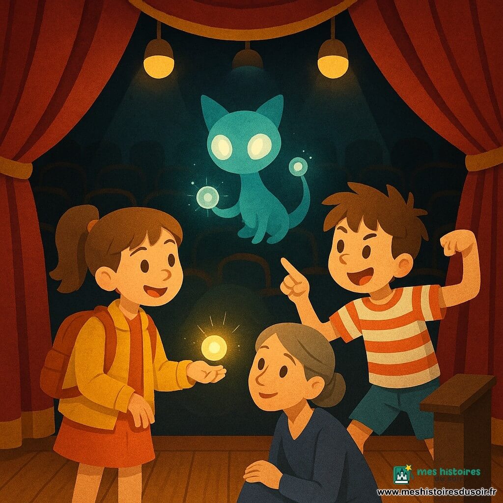 Lina, 8 ans, émerveillée et souriante, cheveux châtain en queue de cheval, veste jaune et sac à dos, tient une petite graine brillante et regarde un être extraterrestre translucide, de la taille d'un chat, corps bleu-vert et yeux lumineux, qui flotte au centre en tenant une minuscule sphère projetant une image; Nino, garçon d'environ 8 ans, espiègle, cheveux en bataille et tee-shirt rayé, fait une pose de robot et pointe la luciole; Madame Sorrel, animatrice calme aux cheveux gris attachés, est accroupie près d'un pupitre et observe avec bienveillance; décor: scène en bois poli, grands rideaux rouges ouverts, lampes dorées, sièges en arrière-plan et projecteurs doux; ambiance magique et amicale, échange de la graine brillante, textures papier découpé, couleurs vives et formes simples.