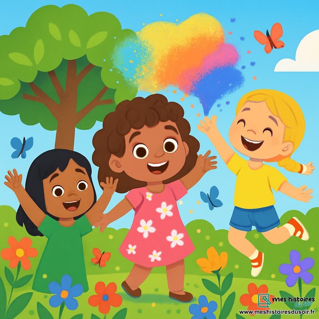 Trois personnages sont présents : Lila, une petite fille de 5 ans avec des cheveux bruns bouclés et une robe rose à fleurs, souriante au centre ; Zoé, avec des cheveux blonds tressés, un t-shirt jaune et un short en jean, sautillant à droite de Lila ; Amara, avec des cheveux noirs lisses, une robe verte, levant les bras à gauche de Lila. Elles se trouvent dans un jardin fleuri aux couleurs vives, avec des papillons et un grand arbre en arrière-plan sous un ciel bleu. Les trois amies jouent ensemble, riant et lançant des poudres colorées, symbolisant la joie et l'amitié.