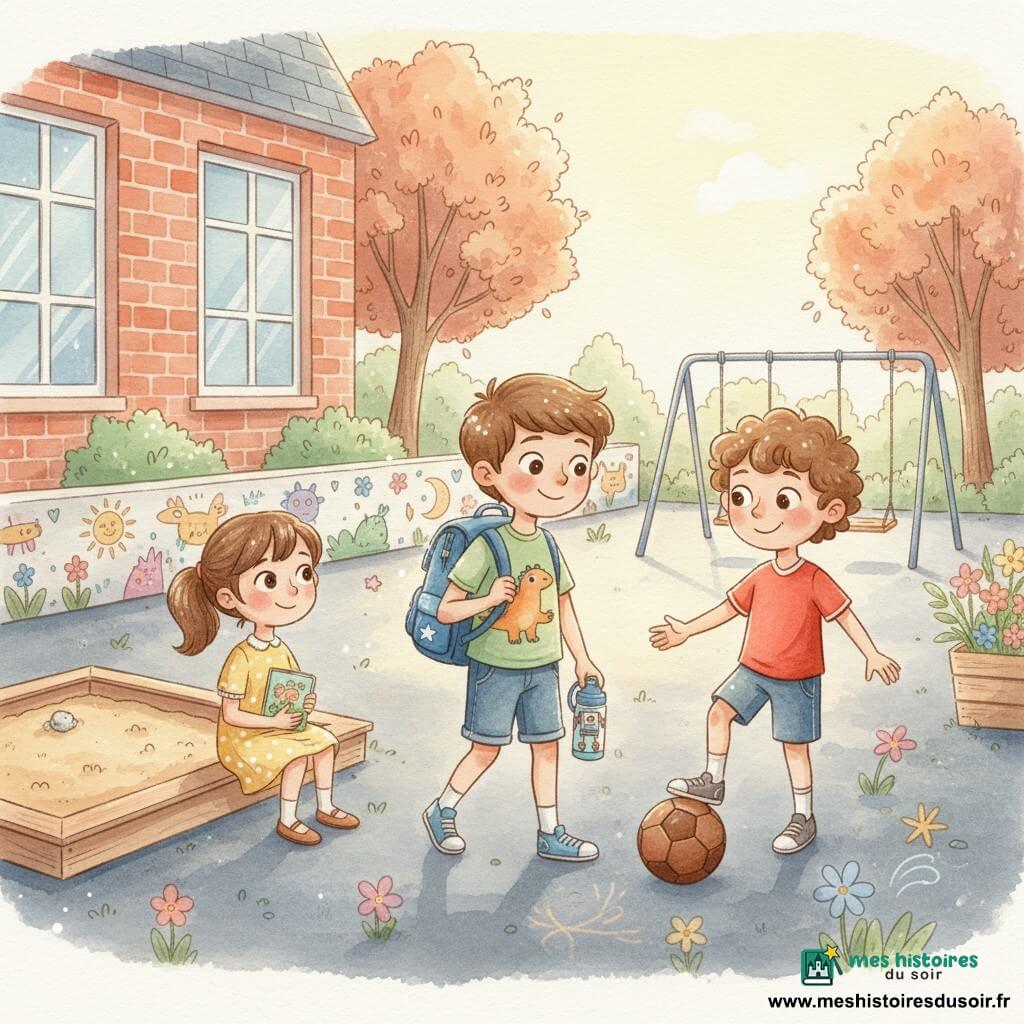 Lucas, 8 ans, sourit timidement, cartable bleu étoilé, t‑shirt vert clair et gourde robot, fait un pas vers un groupe d'enfants ; Tom, 8 ans, cheveux bouclés châtain, confiant, en maillot rouge, montre un ballon de foot en cuir pour l'inviter à jouer ; Léa, 8 ans, cheveux bruns en couette, robe jaune à pois, assise au bord du bac à sable tient un petit livre et regarde Lucas avec bienveillance ; la scène se passe dans la cour de récréation devant une école en briques rouges, ambiance douce et ensoleillée aux couleurs pastel et textures aquarelle.