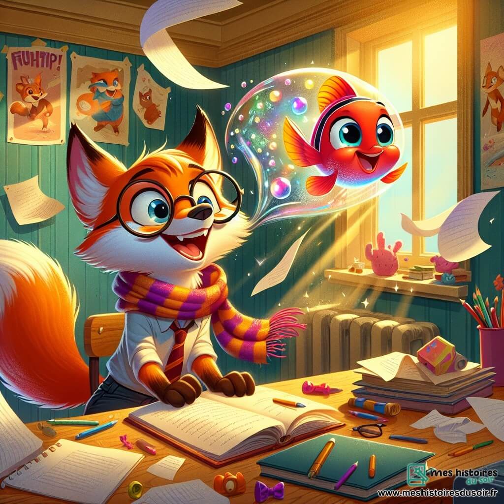 Archibald, un renard aux lunettes rondes et à l'écharpe colorée, rit aux éclats à son bureau en désordre, entouré de livres et de feuilles. Ses yeux brillent de curiosité en regardant Corail, un petit poisson rouge flottant dans une bulle magique à côté de lui. Corail, avec ses écailles scintillantes, fait des bulles d'eau tout en chantant. La chambre est chaleureuse, remplie de couleurs vives, avec des posters d'animaux et des jouets éparpillés. La lumière du soleil illumine la scène d'une lueur dorée. Archibald et Corail sont prêts à partir à l'aventure, dans une ambiance joyeuse, transportés par une vague magique vers un monde fantastique.