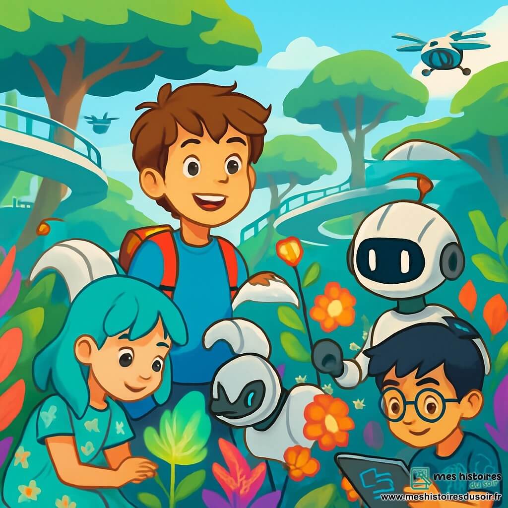 Arthur, un garçon de 12 ans aux cheveux châtains et aux yeux curieux, se tient au centre, souriant. Il porte un t-shirt bleu et un sac à dos multicolore, observant un robot-jardinier qui taille des fleurs lumineuses. À ses côtés, Lila, également âgée de 12 ans, a des cheveux turquoise et porte une robe légère. Elle touche une plante brillante. Kenzo, un garçon japonais, se concentre sur une tablette interactive pour programmer le robot. Ils se trouvent dans un jardin suspendu futuriste rempli de plantes colorées et de fleurs luminescentes, avec des passerelles de verre et des drones volants. Ils explorent les merveilles de la technologie et de la nature, créant une atmosphère d'aventure.