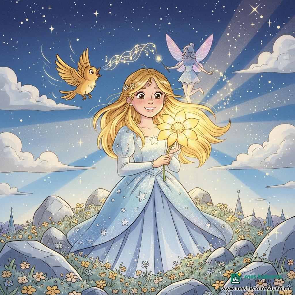 Eléa, jeune femme au visage rond et souriant et cheveux dorés longs, tient une grande Fleur de Lueur dorée qui éclaire son visage ; à ses côtés, l'oiseau doré Lumi vole en chantant près de son épaule et la fée Pétale, silhouette fine aux ailes translucides rosées, agite une baguette jetant des étincelles argentées. Sur le sommet de la Montagne des Étoiles, entre rochers lisses argentés et tapis de petites fleurs or et argent, sous un ciel nocturne profond parsemé d'étoiles et de nuages lumineux, la scène triomphante montre Eléa au centre, baignée d'une lumière chaude et dorée qui se répand vers le royaume en contrebas, ambiance douce aux couleurs pastel et dorées, traits ronds et expression d'espoir et de joie.