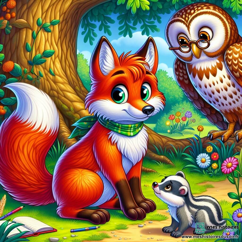 Un jeune renard au pelage roux se tient au centre de la scène, l'air triste et déterminé, tenant un crayon et un carnet de dessin. À sa droite, un hibou sage aux plumes brunes et blanches, avec des lunettes, l'observe avec bienveillance. À gauche, un jeune blaireau au pelage gris, hésitant et regrette ses moqueries passées, s'approche timidement. La scène se déroule sous un grand chêne, avec des fleurs colorées et des herbes hautes. Léo se prépare à partager ses dessins, tandis que le blaireau s'excuse, créant un moment de réconciliation dans la forêt.