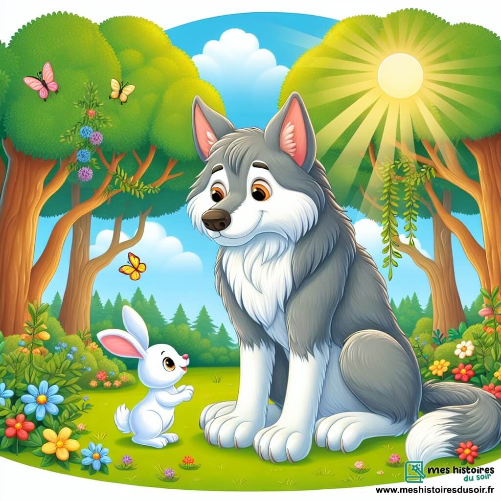 Illustration d'un grand loup au pelage gris et soyeux, assis dans une clairière, regardant avec espoir un petit lapin blanc aux oreilles longues et tombantes, souriant et curieux. La clairière est entourée d'arbres majestueux aux feuilles vertes et de fleurs colorées, baignée d'une douce lumière dorée. Le loup, bien que triste, reçoit l'amitié du lapin qui lui tend une patte. Des guirlandes de fleurs et des papillons ajoutent une touche de magie à cette rencontre.