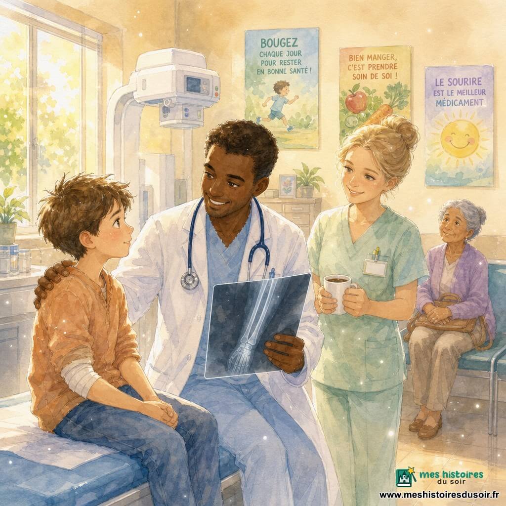 Paul, médecin souriant et rassurant en blouse blanche avec stéthoscope, tient une radio translucide du bras et pose la main sur l'épaule de Lucas, garçon d'environ 9 ans aux cheveux châtains, manches retroussées et bras bandé, assis sur la table d'examen ; Marie, infirmière d'environ 30 ans, cheveux blonds en chignon et uniforme vert pâle, souriante, tient une petite tasse de café en retrait ; en arrière-plan à droite, une patiente d'environ 75 ans aux cheveux gris est assise dans la salle d'attente, regard reconnaissant ; cabinet lumineux aux murs crème, grande fenêtre laissant une lumière dorée, affiches de prévention, machine à radiographie blanche, table d'examen bleu clair ; scène chaleureuse et bienveillante aux couleurs pastel.