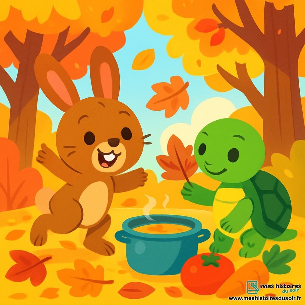 Un petit lapin nommé Léo, aux grandes oreilles et au pelage brun, saute joyeusement sur un tapis de feuilles d'automne colorées. À ses côtés, une tortue nommée Tilly, avec une carapace verte, sourit en ramassant une feuille rouge. La scène se déroule dans une forêt enchantée, où les arbres sont ornés de feuilles dorées, rouges et oranges, et où la lumière du soleil crée des ombres dansantes. Léo et Tilly ramassent des feuilles pour préparer une soupe d'automne, entourés de légumes frais et colorés.