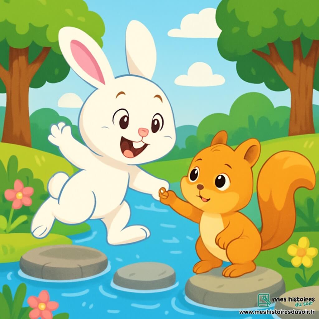 Un petit lapin blanc nommé Oscar, aux grandes oreilles et aux yeux pétillants, saute joyeusement sur des pierres au bord d'une rivière scintillante. Son pelage est doux et son sourire éclatant montre son enthousiasme. À ses côtés, un écureuil doré nommé Léo, avec une queue touffue, se tient sur une pierre, hésitant mais déterminé. La scène se déroule près d'une rivière claire, entourée de grands arbres verts et d'un ciel bleu avec des nuages blancs. Des fleurs colorées bordent le chemin, ajoutant des touches de rose et de jaune. Oscar tend la patte vers Léo, l'encourageant à sauter sur la pierre suivante, illustrant leur amitié et leur soutien mutuel.