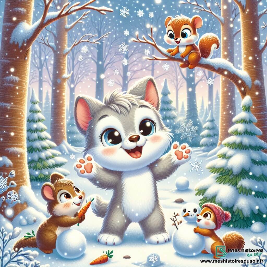 Un petit loup nommé Loulou, avec un pelage gris doux et des yeux curieux, se tient au centre de la scène, souriant joyeusement en levant les bras vers le ciel, entouré de flocons de neige. À sa droite, une petite souris brune saute de joie en lançant une boule de neige, et à sa gauche, un écureuil roux grimpe sur une branche, tenant une petite branche de sapin. La scène se déroule dans une forêt enchantée, où les arbres sont couverts de neige, créant une atmosphère féerique. Loulou et ses amis s'amusent à jouer dans la neige et à construire un bonhomme de neige.