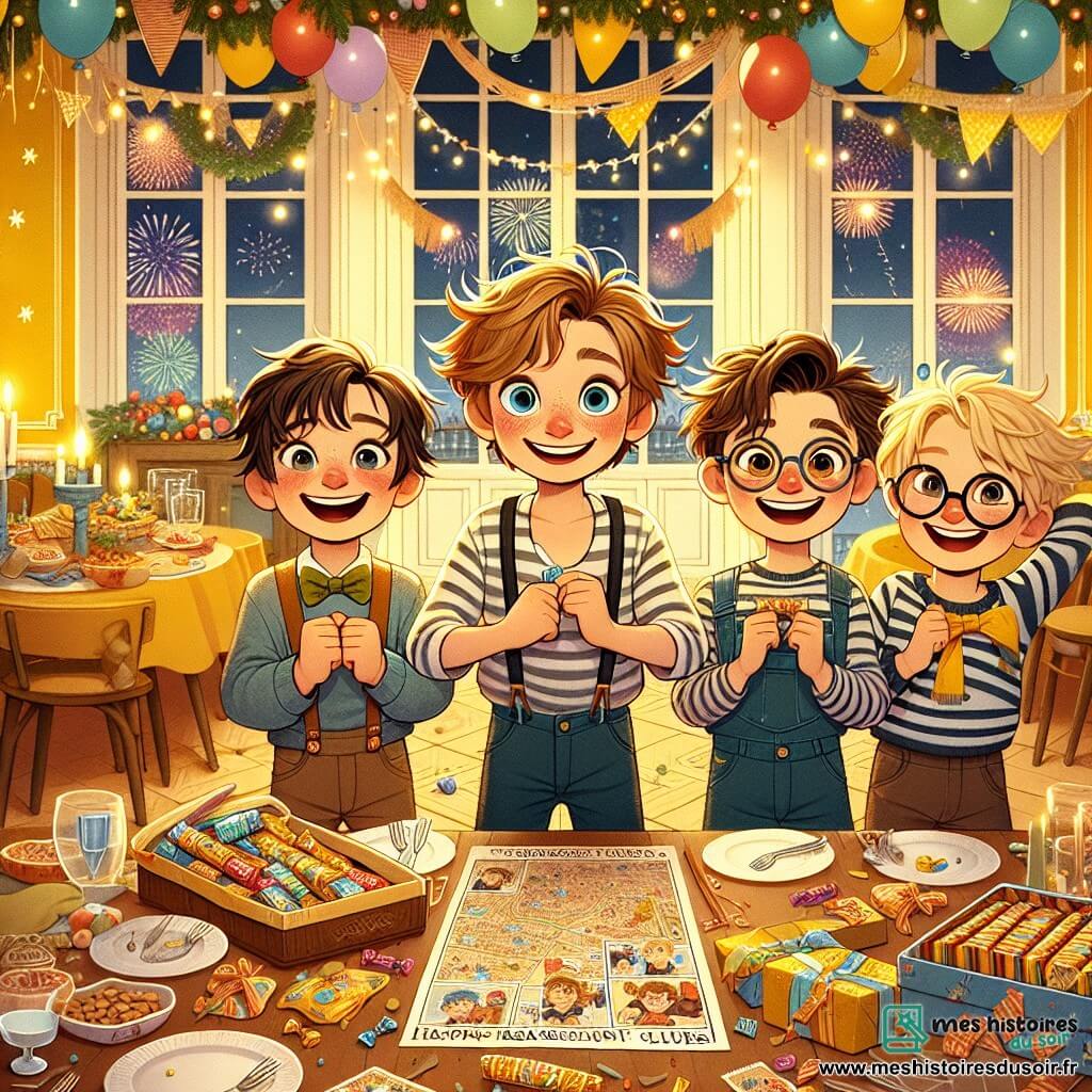 Dans une salle à manger festive, quatre garçons se rassemblent autour d'une grande table décorée de guirlandes et de ballons. Maxime, onze ans, sourit avec un carton d'indices de chasse au trésor. À sa droite, Lucas, douze ans, rit en imitant un pirate. À gauche, Léo, neuf ans, brandit un bonbon. Thomas, dix ans, est concentré sur un plan de chasse au trésor. La pièce est chaleureuse, avec des murs jaunes et des lumières clignotantes. La table est remplie de plats délicieux et des feux d'artifice illuminent le ciel. Les garçons sont excités à l'idée de commencer leur chasse au trésor du Nouvel An.