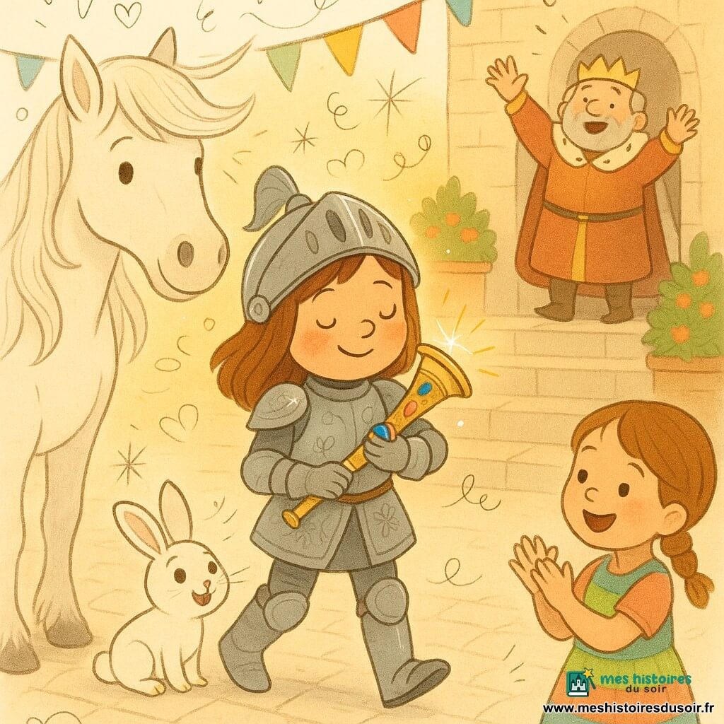Élodie, chevaleresse souriante et courageuse en armure argentée gravée, tient contre sa poitrine une trompe magique ornée de joyaux rouges et bleus ; son grand cheval blanc Lumière se tient à ses côtés, un petit lapin blanc regarde la trompe, tandis que le roi sur le perron et une fillette de six ans applaudissent dans la grande cour du château aux pavés et banderoles colorées, fleurs en pots, sous la lumière chaude du coucher de soleil lors d'un retour triomphal.