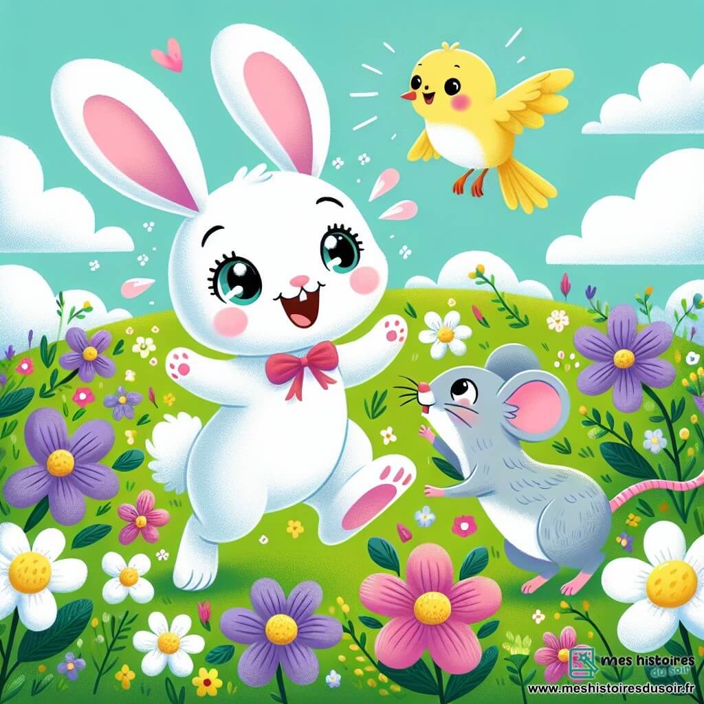 Un lapin blanc aux grandes oreilles et aux yeux pétillants saute dans un champ verdoyant rempli de fleurs colorées. Il sourit et danse, tandis qu'une petite souris grise avec un nœud rouge l'observe avec émerveillement. Un oiseau jaune chante sur une branche, ajoutant à l'ambiance joyeuse du printemps. Le champ est ensoleillé, avec des fleurs violettes, roses et jaunes, sous un ciel bleu clair. Le lapin et ses amis jouent à cache-cache parmi les fleurs, remplis de rires et de joie.