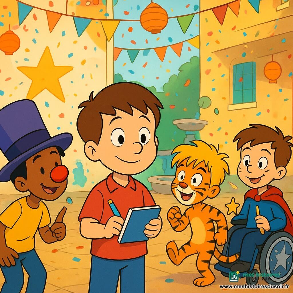 Quatre garçons dans une cour animée : Léo (≈9 ans) au centre, visage rond, cheveux bruns courts, carnet bleu et crayon prêts ; Amir (≈9 ans) à gauche, teint chaud, chapeau haut-de-forme violet trop grand et nez de clown rouge, penché théâtralement ; Noé (≈8 ans) à droite, cheveux blonds en bataille, maquillage de tigre et queue rayée, faisant un pas de danse comique ; Milo (≈9 ans) en retrait, cheveux châtains, en fauteuil roulant décoré d'étoiles, cape rouge, attrapant une petite clé en forme d'étoile. La cour colorée présente guirlandes, lanternes, confettis, une fontaine ronde, un coffre en bois ouvert et un grand mur peint avec une étoile ; les enfants cherchent ensemble le « meilleur moment » du carnaval, ambiance joyeuse, couleurs vives, mouvement (rubans et cape) et expressions complices.