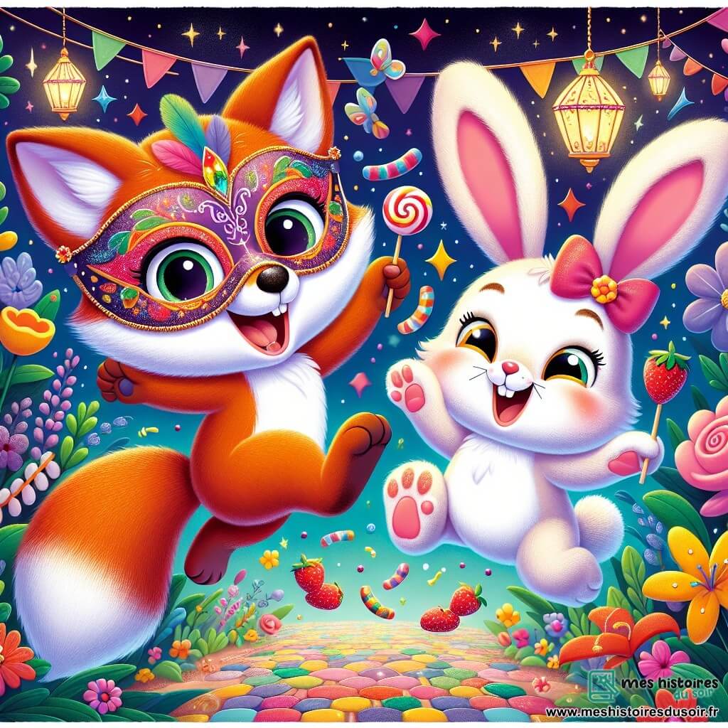 Un petit renard nommé Félix, au pelage roux et aux grands yeux pétillants, porte un masque coloré et saute joyeusement, souriant. À ses côtés, une lapine aux grandes oreilles blanches et au pelage doux, avec un nœud rose, rit en tenant des fraises en sucre. Le décor est un jardin féerique rempli de fleurs multicolores dansant au rythme de la musique, sous un ciel étoilé illuminé par des lanternes scintillantes. Félix et la lapine dansent ensemble, entourés de bonbons et de rires, célébrant la magie du carnaval.