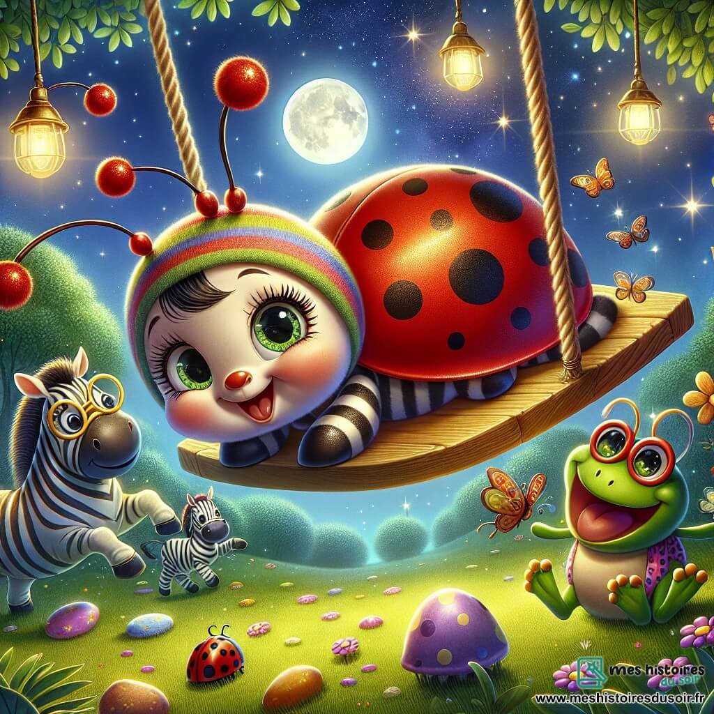 Une petite coccinelle nommée Lili, avec des ailes rouges et des points noirs, saute joyeusement sur une balançoire en bois. Ses yeux curieux et son sourire espiègle montrent son excitation à la recherche d'un trésor. À côté, un zèbre nommé Zozo, avec un chapeau coloré, regarde émerveillé, tandis qu'une grenouille nommée Loulou, avec de grandes lunettes, rit en glissant sur l'herbe. Le décor est un zoo nocturne, éclairé par la lune, avec des arbres et des étoiles. Lili et ses amis s'amusent à chercher un trésor caché sous la balançoire, remplis d'enthousiasme et de rires.
