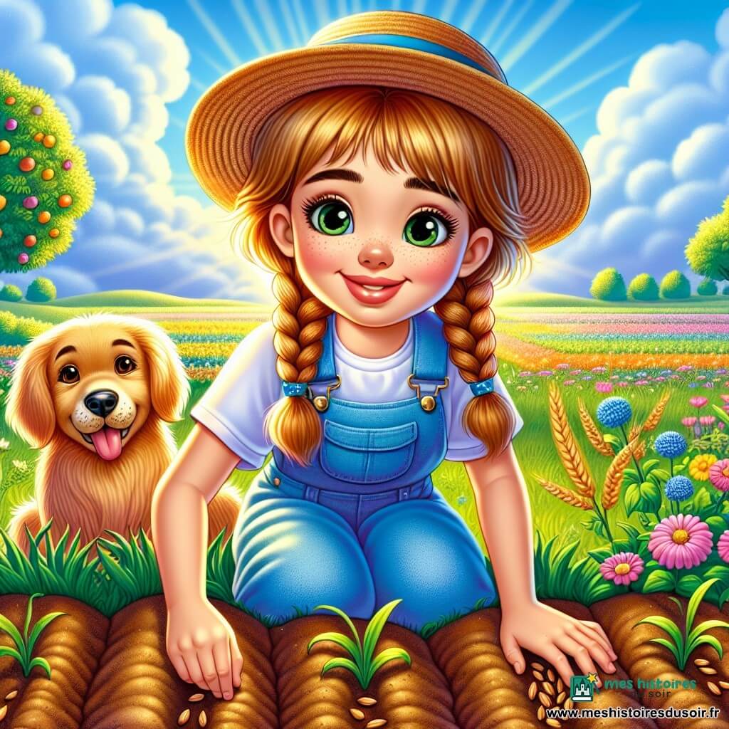 Lila, une jeune fille souriante d'environ 10 ans, porte une salopette bleue et un chapeau de paille. Ses cheveux châtains sont en nattes, et elle a des joues roses de joie. Elle se tient dans un champ verdoyant, semant des graines de blé avec soin, son regard pétillant d'excitation. Près d'elle, son chien Nougat, un golden retriever, l'admire. Le champ est vaste, bordé de fleurs sauvages et d'arbres fruitiers, sous un ciel bleu avec des nuages blancs. Le soleil éclaire la scène d'une lumière dorée. Lila, entourée de la beauté de la nature, attend avec impatience les résultats de son travail.