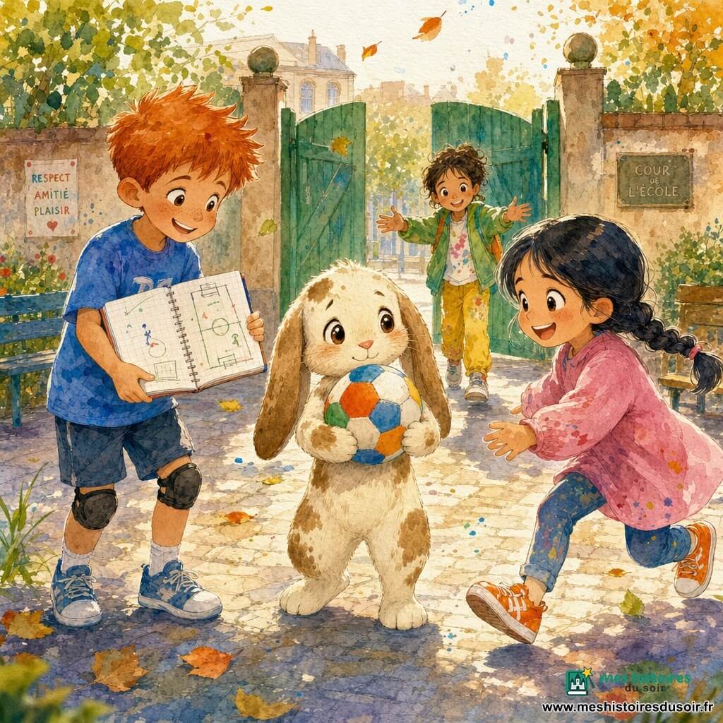 Un petit lapin anthropomorphe crème à taches brunes se tient au centre, oreilles tombantes, yeux brillants et sourire timide, tenant un ballon de foot coloré; à gauche Tom, garçon aux cheveux roux en brosse en t-shirt bleu, montre un carnet de dessin avec une esquisse du terrain, à droite Lina, fille à tresse noire en blouse rose, court vers le ballon avec un grand sourire et des chaussures de sport orange, et derrière Sam, nouvelle élève en veste verte et pantalons jaunes, observe accueillant les mains ouvertes. La cour d’école pavée, un portail en bois vert, quelques bancs et herbes folles encadrent la scène; des feuilles tombent doucement sous une lumière de matin doré. Les enfants se rassemblent pour jouer, Milo affirme son goût pour le foot et la danse, l’atmosphère est d’entraide et d’écoute, avec des couleurs vives et touches aquarelle évoquant chaleur et mouvement.