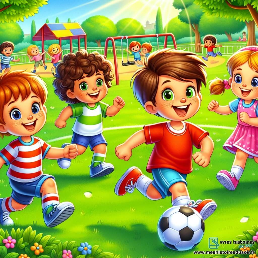 Un garçon de 6 ans, Tommy, avec des cheveux châtains et des yeux pétillants, court sur un terrain de foot verdoyant, souriant. Il porte un t-shirt rouge et un short bleu, tenant un ballon de foot. À ses côtés, Léo, également âgé de 6 ans, avec des cheveux bouclés et des lunettes, s'apprête à tirer le ballon, concentré. Clara, la sœur de Tommy, 7 ans, avec des tresses blondes et un maillot rose, se prépare à défendre, les bras croisés. Emma, la sœur de Léo, 6 ans, avec des cheveux bruns et un bandeau coloré, court vers le ballon, souriante. Le parc est ensoleillé, entouré d'arbres et de fleurs, avec un ciel bleu et quelques nuages. Au fond, des enfants jouent sur des balançoires et toboggans, ajoutant une ambiance joyeuse. Les enfants jouent au foot, riant et s'encourageant, illustrant l'esprit d'équipe et l'égalité des genres.