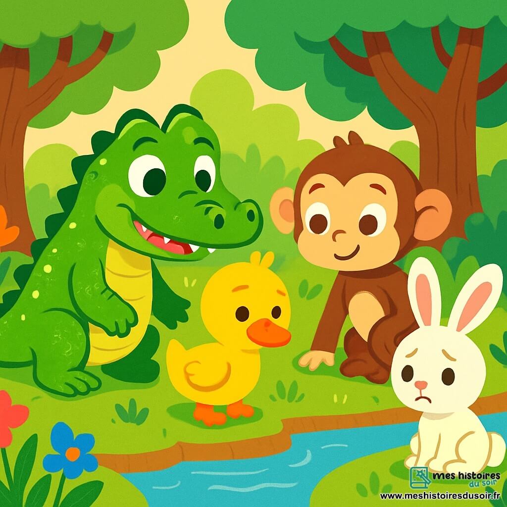 Un crocodile souriant, avec une peau verte brillante et des écailles scintillantes, se tient au bord d'une rivière. À côté de lui, un canard jaune et un singe espiègle regardent un petit lapin blanc aux grandes oreilles, qui semble triste. La scène se déroule dans une forêt enchantée, avec des arbres majestueux et des fleurs colorées. Le crocodile, le canard et le singe se penchent vers le lapin, prêts à l'aider à retrouver sa maman, créant une atmosphère de camaraderie et d'aventure.