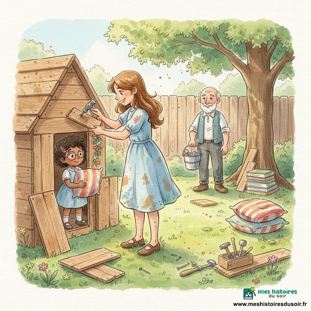 Clara, 10 ans, cheveux châtains ondulés, robe bleue tachée de peinture, cloue une planche pour une petite cabane ; Lila, ~10 ans, cheveux noirs bouclés, lunettes, tient un coussin et regarde Clara avec admiration près de la future porte ; M. Dupont, ~65 ans, jardinier barbu, tient un seau d'outils en retrait, souriant. Le jardin d'école ensoleillé a de l'herbe, des fleurs sauvages, des tas de planches, des outils, une vieille palissade et des livres près d'un grand arbre. Scène joyeuse et collaborative : panneaux et clous visibles, coussins et guirlandes prêts, palette de couleurs douces et textures aquarelle.