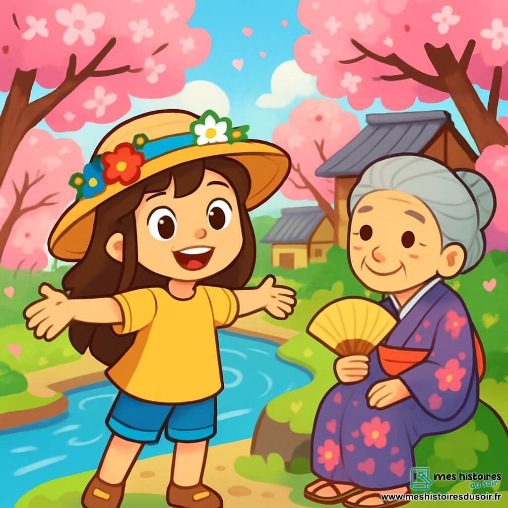 Hana, une jeune femme souriante avec un chapeau de paille fleuri, se tient au bord d'une rivière scintillante, pleine d'enthousiasme. À ses côtés, une grand-mère aux cheveux argentés, portant un kimono traditionnel et un éventail, l'observe avec bienveillance, assise sur un rocher. Le décor pittoresque d'un village japonais est entouré de cerisiers en fleurs, tandis que la rivière serpente entre les maisons en bois. Hana est prête à partir à l'aventure pour retrouver le rire perdu du village, recevant des conseils sages de sa grand-mère, le tout dans une lumière douce et chaleureuse.