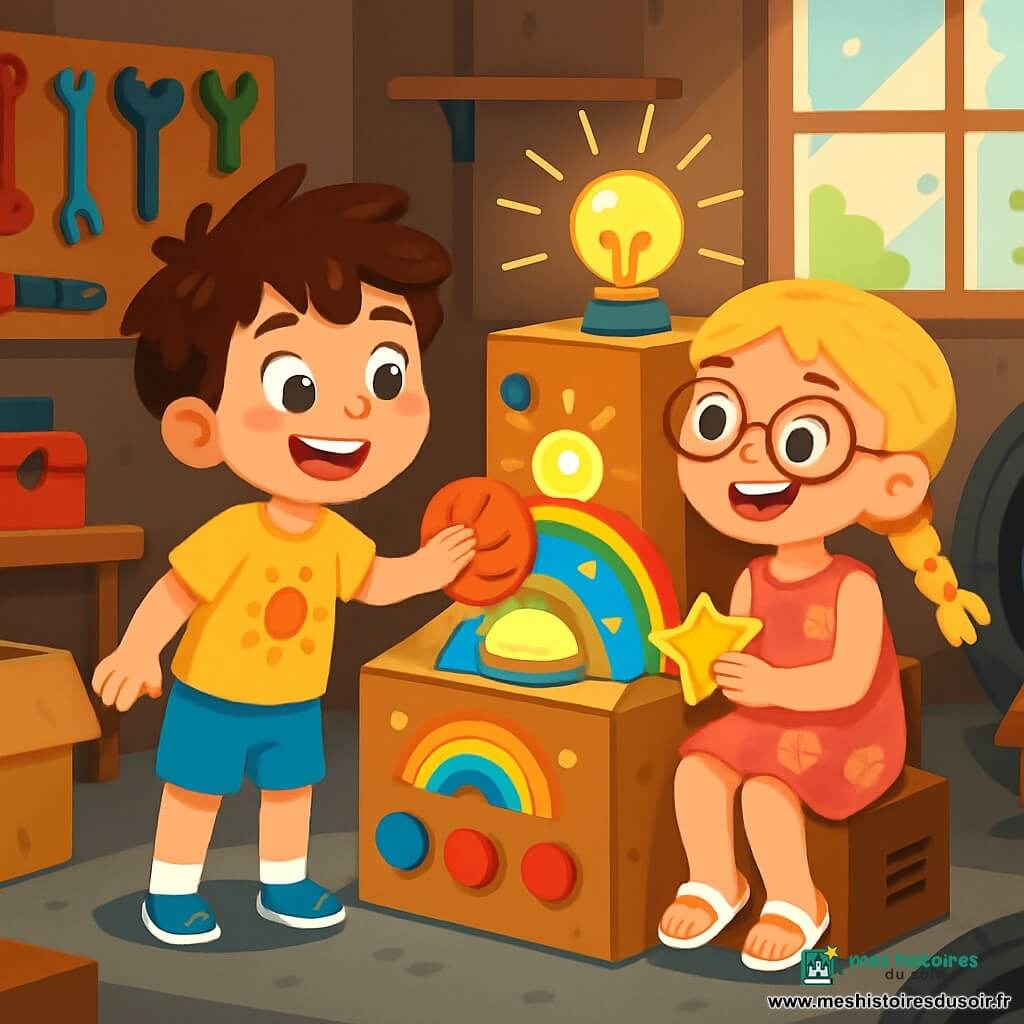 Léo, un garçon de cinq ans aux cheveux bruns en bataille et aux yeux pétillants, porte un t-shirt jaune et un short bleu. Il est debout, souriant, prêt à activer leur machine à voyager dans le temps. Mina, une fille de cinq ans avec des cheveux blonds tressés et des lunettes rondes, est assise sur le bord de la machine, tenant un autocollant en forme d’étoile, en souriant à Léo. L'histoire se déroule dans un garage en désordre, rempli d'outils colorés et de vieux objets, où une machine bricolée brille de couleurs vives. Léo et Mina, excités et curieux, sont prêts à partir pour une aventure magique vers une cité flottante.