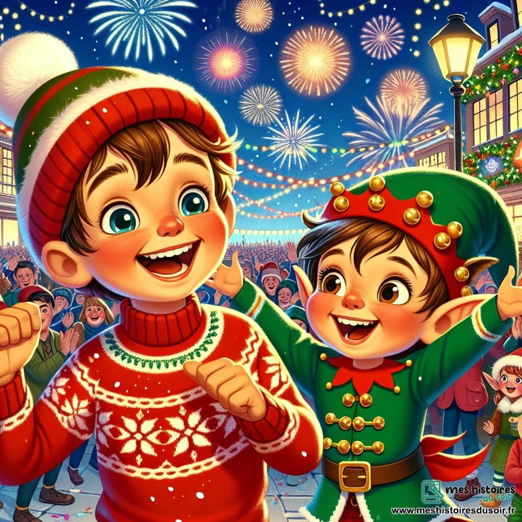 Illustration d'un petit garçon de 9 ans, aux cheveux bruns et aux yeux pétillants, dansant joyeusement au milieu d'une foule. Il porte un pull rouge avec des flocons de neige et un bonnet en laine, rayonnant d'excitation et de bonheur. À ses côtés, un lutin aux oreilles pointues, vêtu d'une tunique verte avec des clochettes dorées, saute de joie, invitant tout le monde à se joindre à la fête. En arrière-plan, une place animée décorée de guirlandes lumineuses et de ballons colorés, avec des feux d'artifice illuminant la scène. Tous, enfants et adultes, dansent et applaudissent, créant une atmosphère festive. Le petit garçon et le lutin célèbrent le Nouvel An, entourés de rires et de confettis, ajoutant une touche magique à cette nuit mémorable.