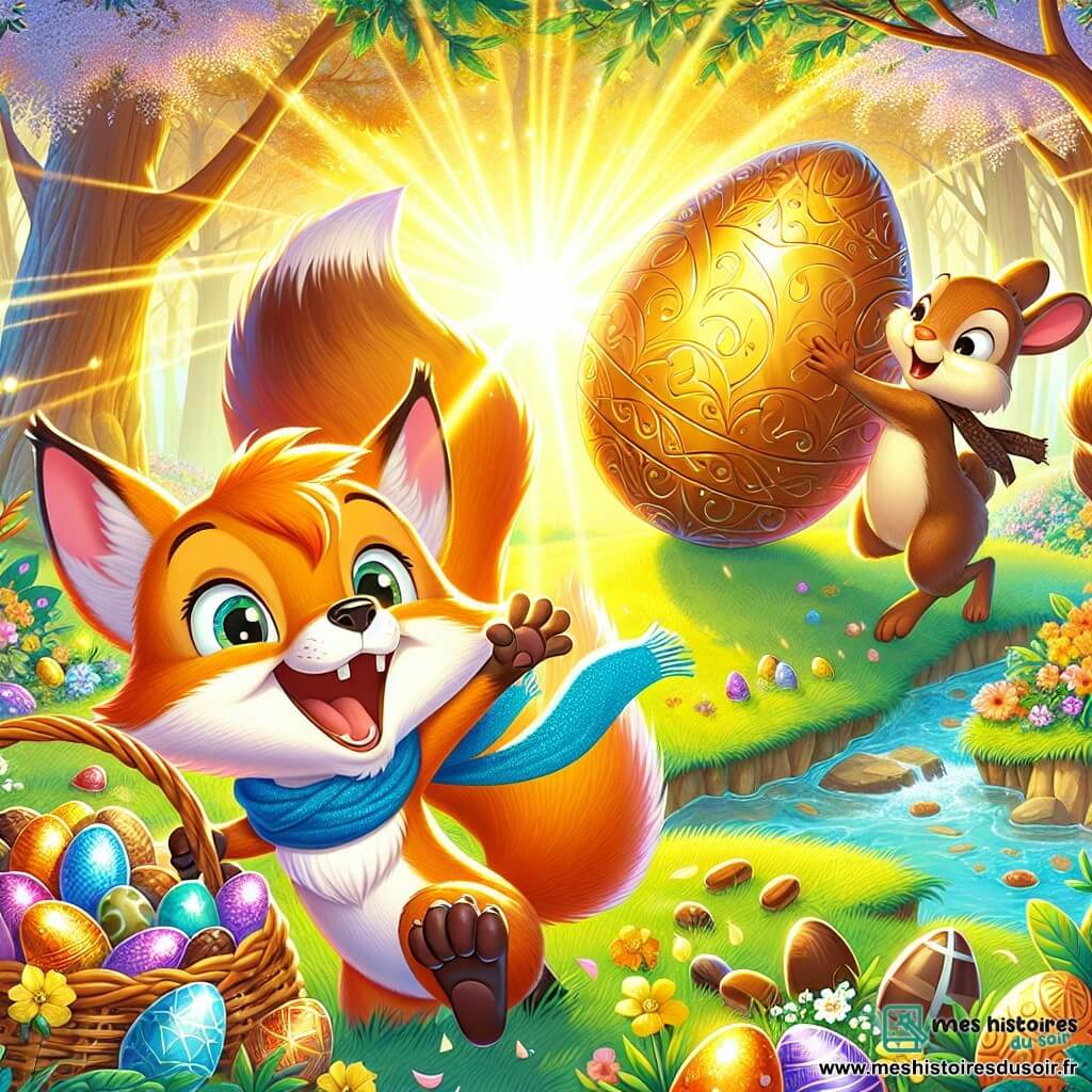 Illustration d'un renard aux yeux malicieux et au pelage orange, portant un foulard bleu, exprimant excitation et sourire tout en tenant un œuf de chocolat. À ses côtés, un écureuil joyeux et une tortue déterminée avec un panier de chocolats. La scène se déroule dans une clairière enchantée, baignée de lumière dorée, entourée d'arbres et de fleurs. Le renard et ses amis découvrent un œuf géant doré, tandis qu'une douce mélodie crée une atmosphère magique. Des œufs de chocolat colorés sont cachés dans l'herbe, avec des pétales de fleurs et des rayons de soleil ajoutant à la magie de cette fête de Pâques.