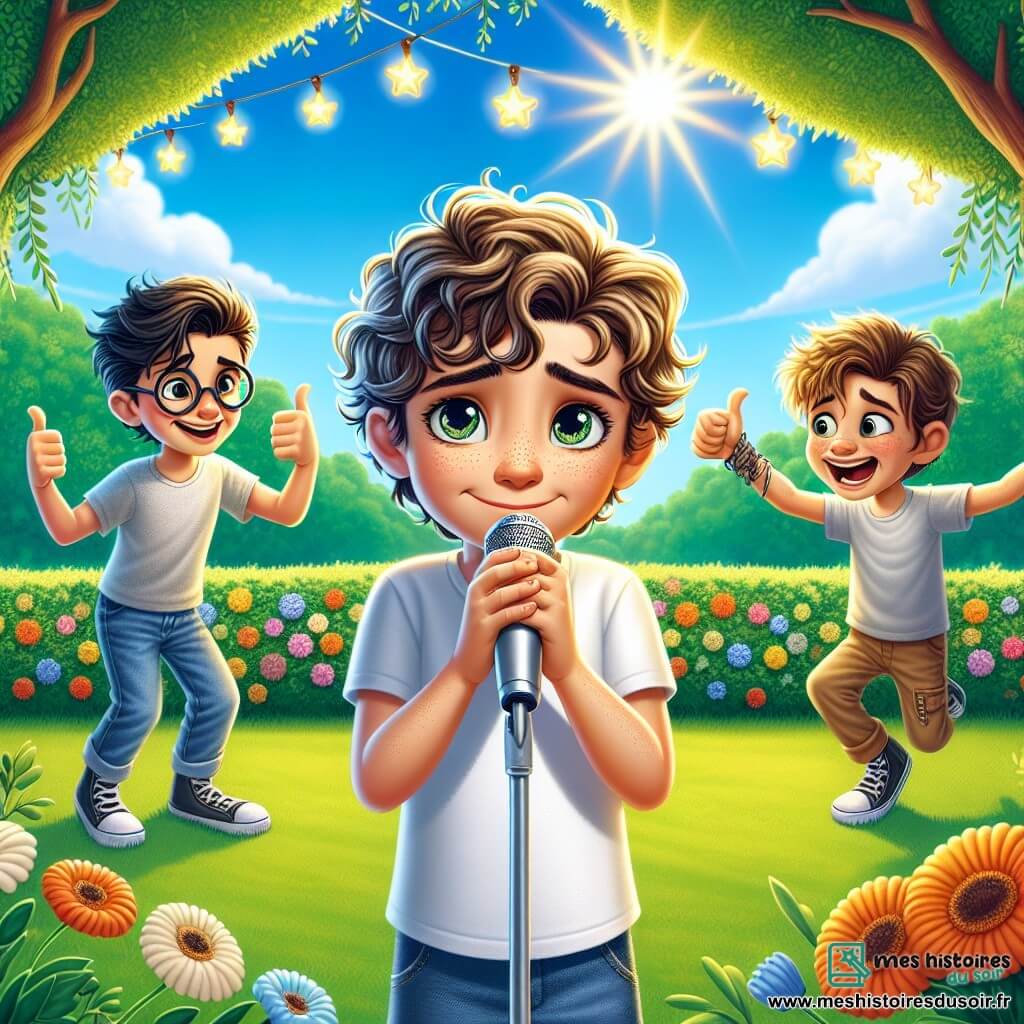 Dans un jardin ensoleillé, Lucas, un garçon de 9 ans aux cheveux bouclés et aux yeux pétillants, se tient au centre avec un micro, souriant nerveusement. À sa gauche, Max, rêveur avec des lunettes et des cheveux en bataille, l'encourage, tandis qu'à sa droite, Thomas, au sourire malicieux, fait une pose théâtrale. Le jardin est rempli de fleurs colorées, d'arbres verdoyants et d'un ciel bleu, avec des ballons multicolores flottant dans l'air. Lucas est sur le point de chanter, illustrant son courage et le soutien de ses amis.