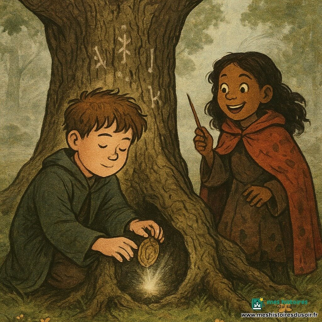 Thomas, garçon apprenti sorcier au visage rond et cheveux en bataille, pose délicatement un médaillon de bois terni dans la cavité d’un vieux chêne tandis que Lila, apprentie sorcière d’environ 9–10 ans, énergique et malicieuse, en cape rouge boueuse, tient une petite baguette prête à aider ; le chêne massif, à l’écorce gravée de runes blanches et racines noueuses, se dresse au centre d’un cercle d’herbes luminescentes dans une clairière brumeuse aux mousses vertes et petites fleurs jaunes, le médaillon émettant une lueur argentée qui s’échappe du tronc, éclairée par des rayons de soleil timides, palette de verts moussu, bruns chauds, touches de rouge et or pâle, composition serrée en léger contre-plongée.