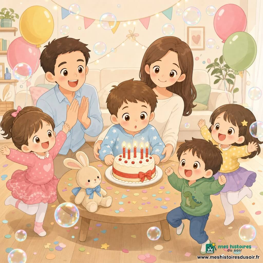 Léo, 4 ans, joyeux et émerveillé, souffle sur des petites bougies rouges d’un gâteau rond; cheveux bruns courts, yeux noisette, pyjama bleu clair à étoiles, son doudou Lapin beige avec un nœud bleu est posé sur la table; la maman souriante (≈30 ans) tient le gâteau derrière lui, le papa (≈30 ans) applaudit à gauche; trois petits amis — Zoé, Tim et Lina (≈4–5 ans) — sautillent et rient autour de la table; salon chaleureux avec sol en bois clair, canapé crème, guirlandes pastel, ballons jaunes/roses/verts, confettis au sol; bulles de savon translucides reflétant des reflets arc-en-ciel; ambiance intime, lumineuse et tendre, style kawaii minimal, couleurs douces et formes épurées.