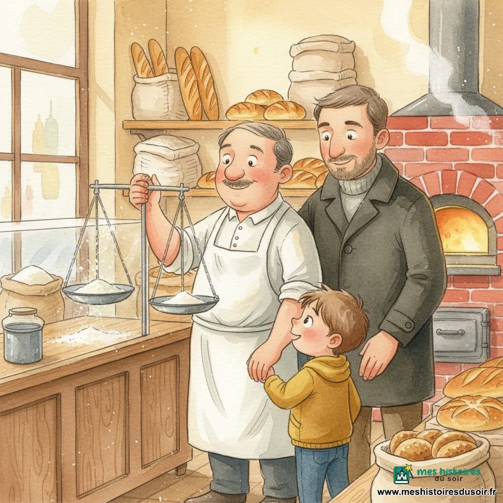 Monsieur Martin, boulanger d'âge moyen, souriant et moustachu, en tablier légèrement fariné, montre une grande balance en métal et verse une pincée de farine lumineuse pendant qu'un garçon de cinq ans, Léo, aux cheveux bruns en bataille et yeux émerveillés, tient la main de son papa quadragénaire, barbu et protecteur, qui sourit derrière lui ; intérieur chaleureux d'une petite boulangerie avec comptoir en bois, étagères de baguettes dorées et brioches, four en briques laissant échapper une vapeur douce et une poussière de farine flottant comme un nuage, ambiance douce aux couleurs chaudes et lumières dorées.